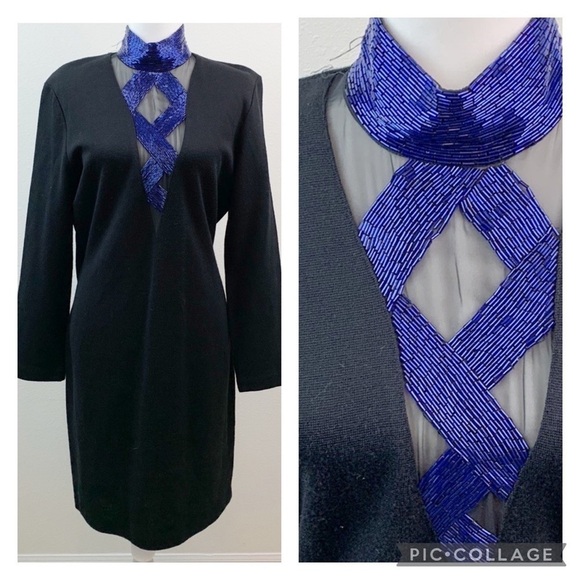 Vintage wool blend 90s beaded sheer illusion deep V neck fitted sheath dress EUC - Picture 1 of 13
